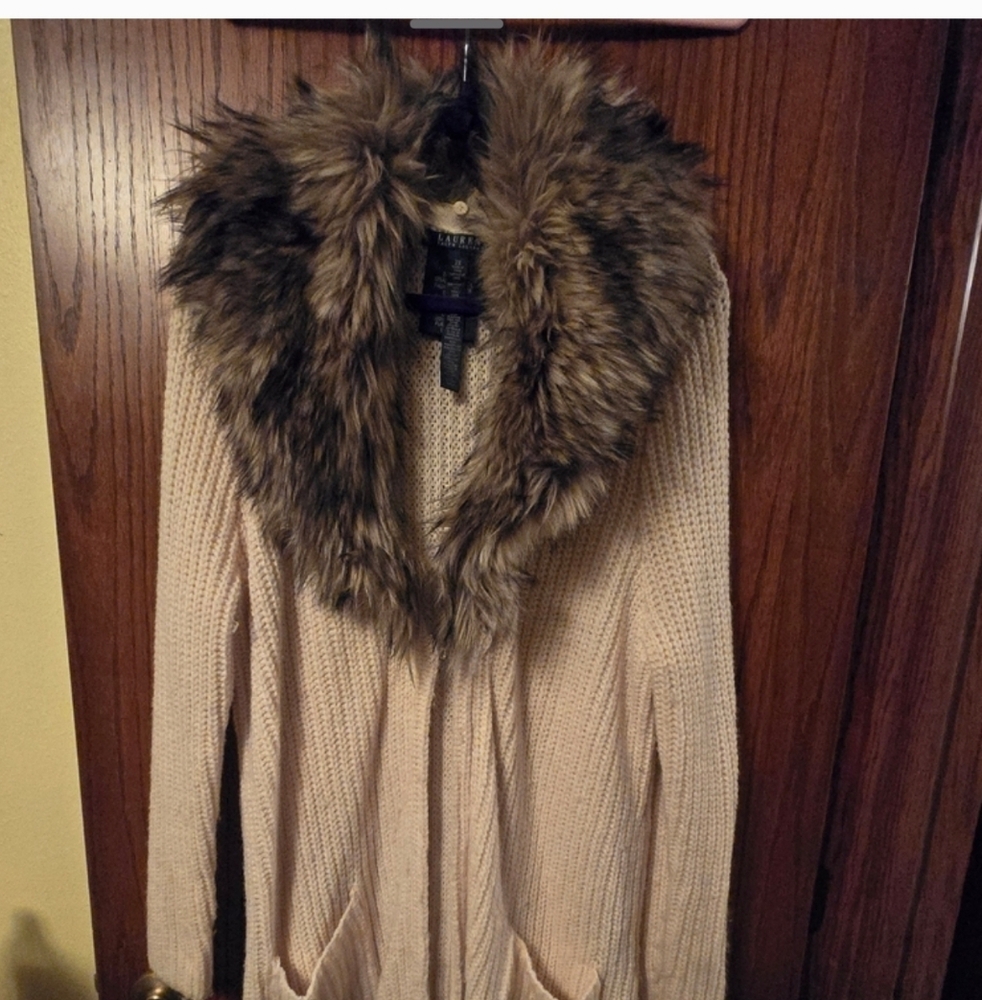 Lauren Ralph Lauren Cream Cardigan with Removeable Faux Fur Trim
